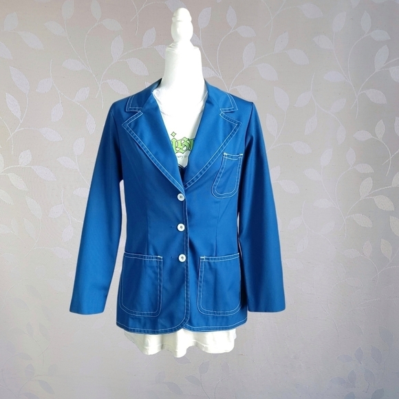 Vintage 70s Koratron Contrast Stitch Blazer Chore Jacket Koret Cerulean Blue Sm - Picture 2 of 16